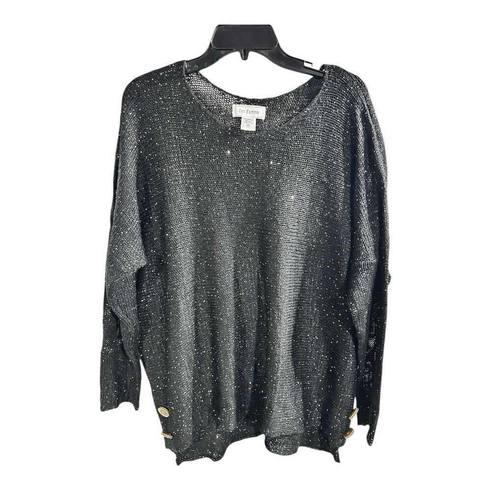Ces Femme Sweater 2X Ballet Neck‎ Open Weave Shimmer Mini Bell Sleeve Black